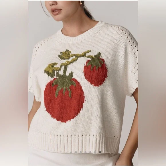NWT Anthropologie Maeve Short-Sleeve Crew-Neck Veggie Motif Graphic Sweater L